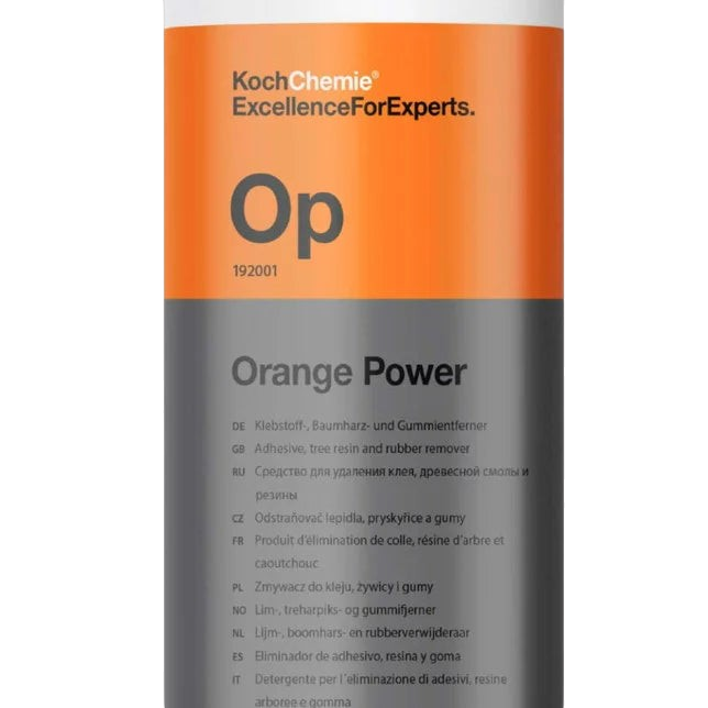 Flacon de Koch-Chemie Orange Power OP, dissolvant professionnel pour colle et résine chez Glam auto Detailing