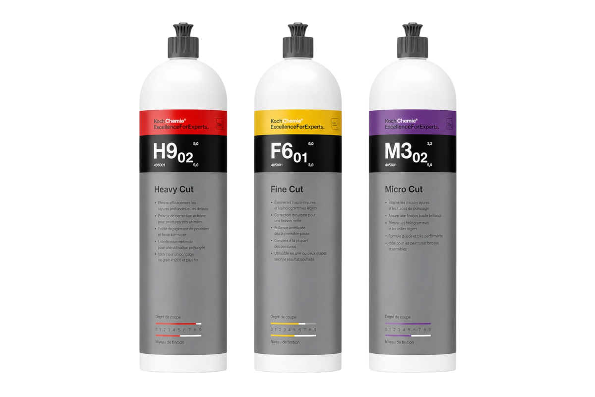 Pack de trois bouteilles de polissage Glam auto Detailing Koch Chemie pour correction, finition et brillance