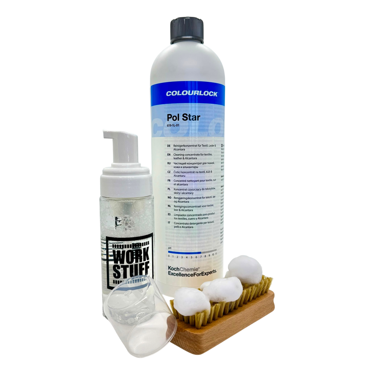 Pack Glam auto Detailing pour le nettoyage du cuir avec nettoyant Pol Star, brosse en bois et flacon mousseur