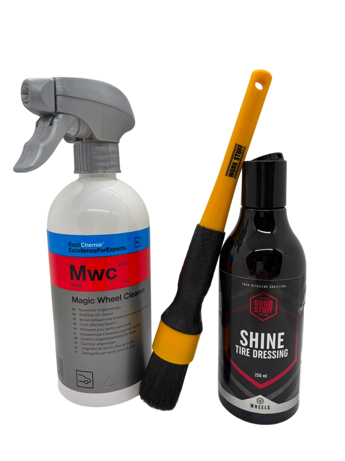 Pack Glam auto Detailing pour jantes et pneus avec nettoyant Koch-Chemie, pinceau Work Stuff et dressing Good Stuff