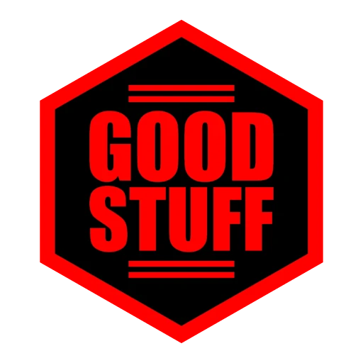 Logo hexagonal Good Stuff pour Glam auto Detailing, texte rouge sur fond noir